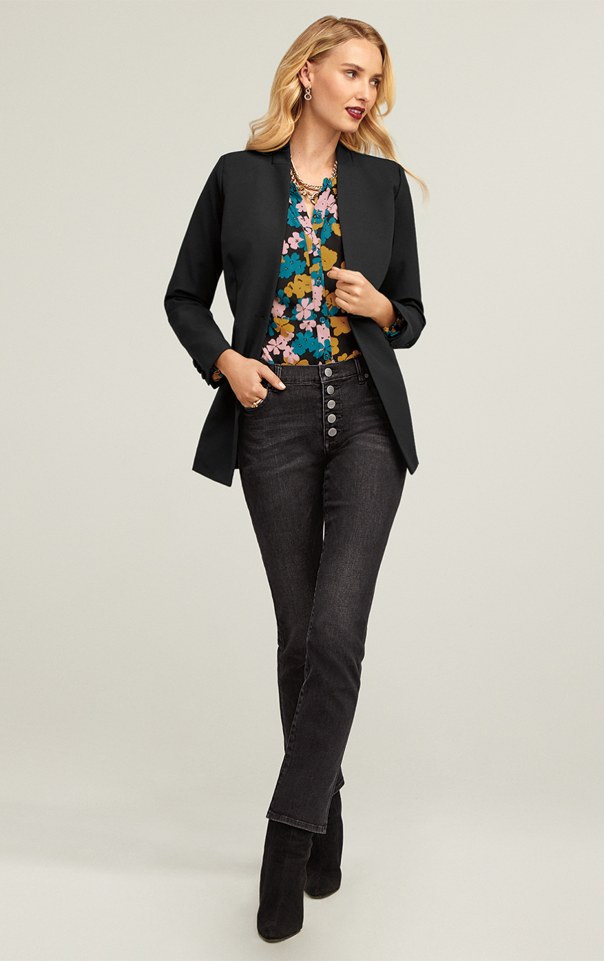 Dinner Jacket in Black, Button Fly Straight in Carbon, Favorite Blouse in Flower Drop